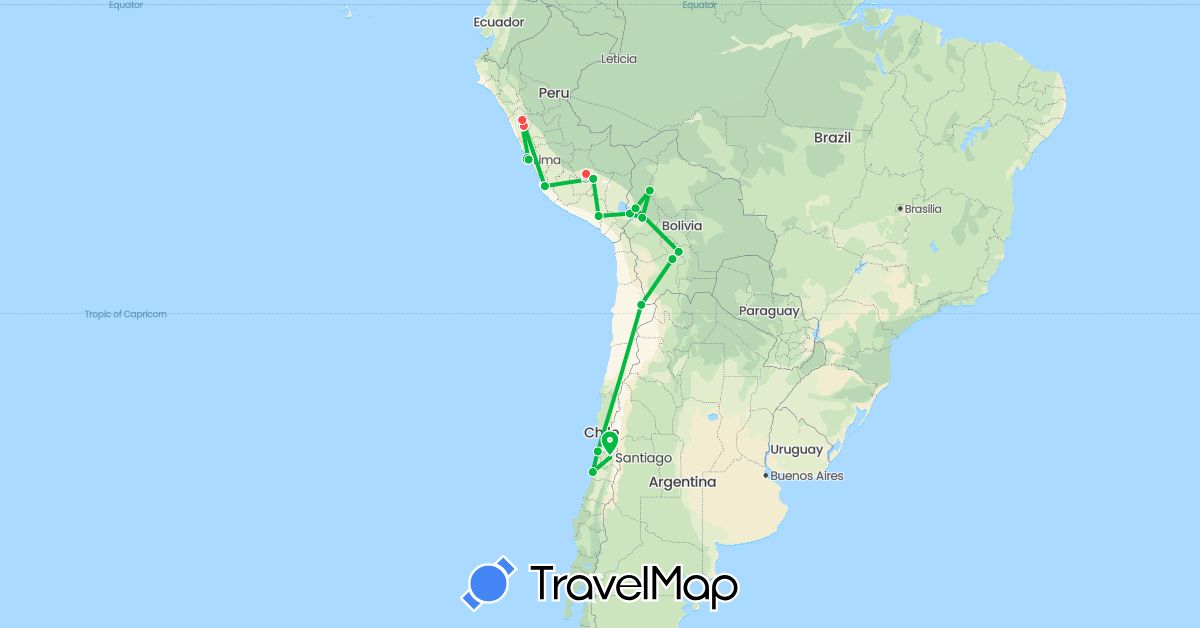 TravelMap itinerary: driving, bus, hiking in Bolivia, Chile, Peru (South America)